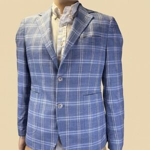 Suitor Co Slim Fit Blue Plaid Blazer Men's Size 42S Paisley Lined Sport Coat